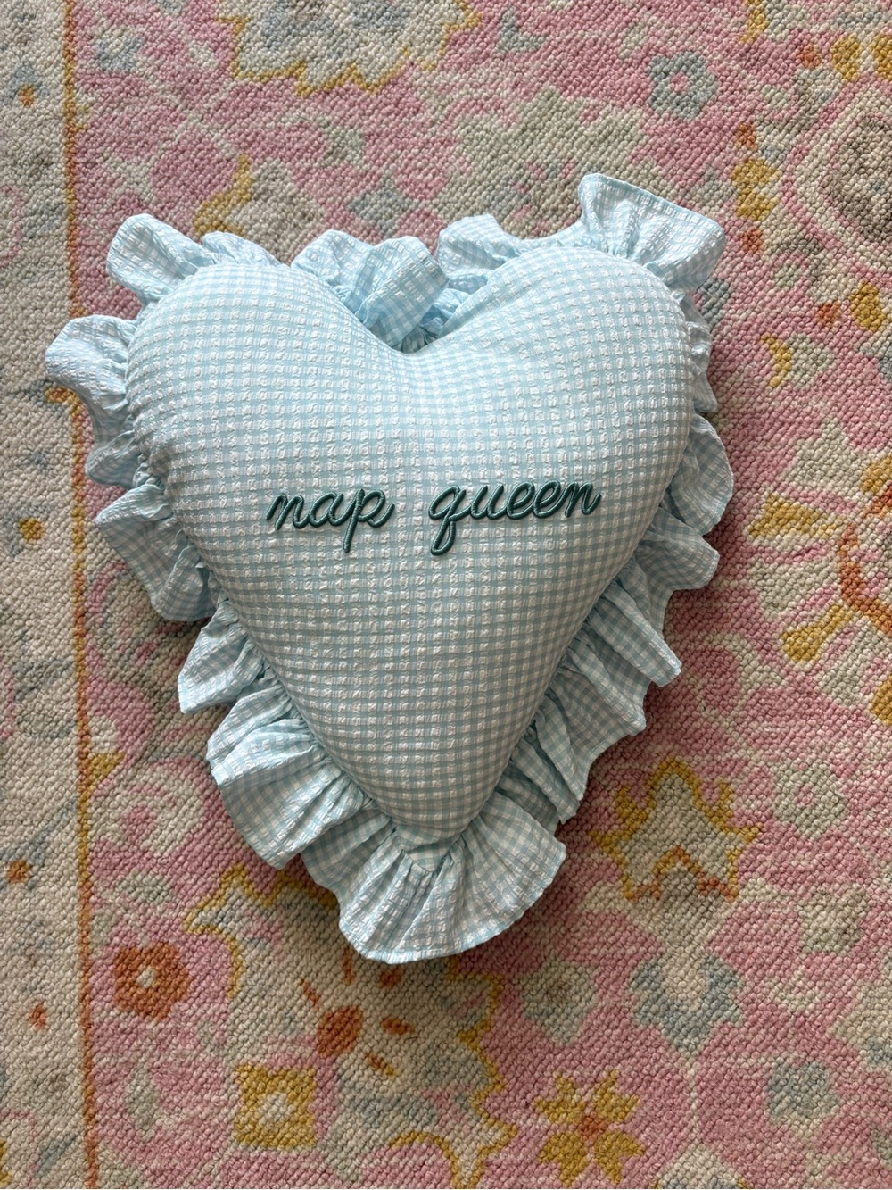 Nap Queen Light Blue Heart Throw Pillow with Ruffle Trim